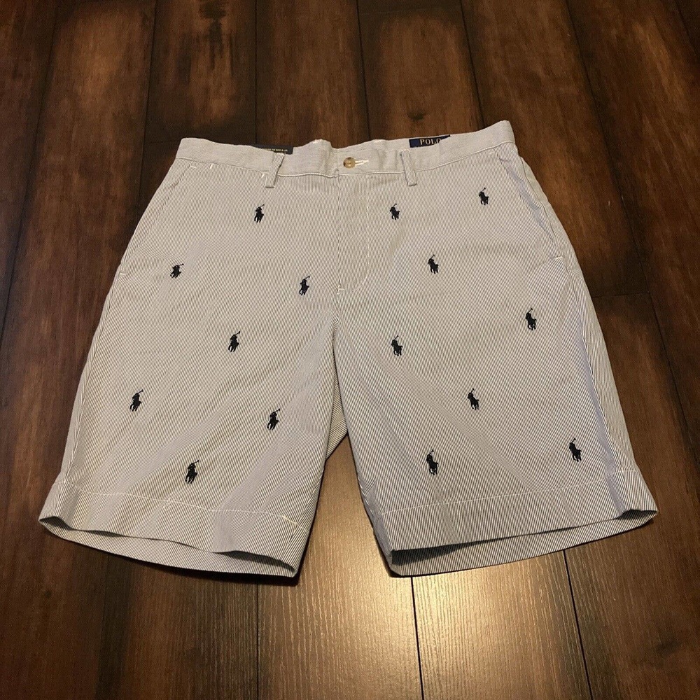 NWT Polo Ralph Lauren ALL OVER PONY SEERSUCKER Stripe Classic Fit 9” Shorts 33